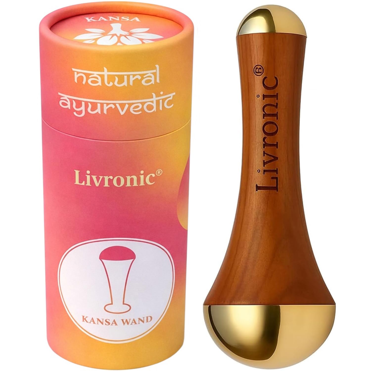 Livronic® Kansa Wand Massager for face,Body & Foot| Kansa Vati Foot Massager with Teak Wooden Handle |100% Bronze Kasa/Kasya Vati |Ayurvedic Kansya Wati for Body Wellness, Detox & Relaxation (Dual Dome 4.5 & 2 Cm Bronze Cup )