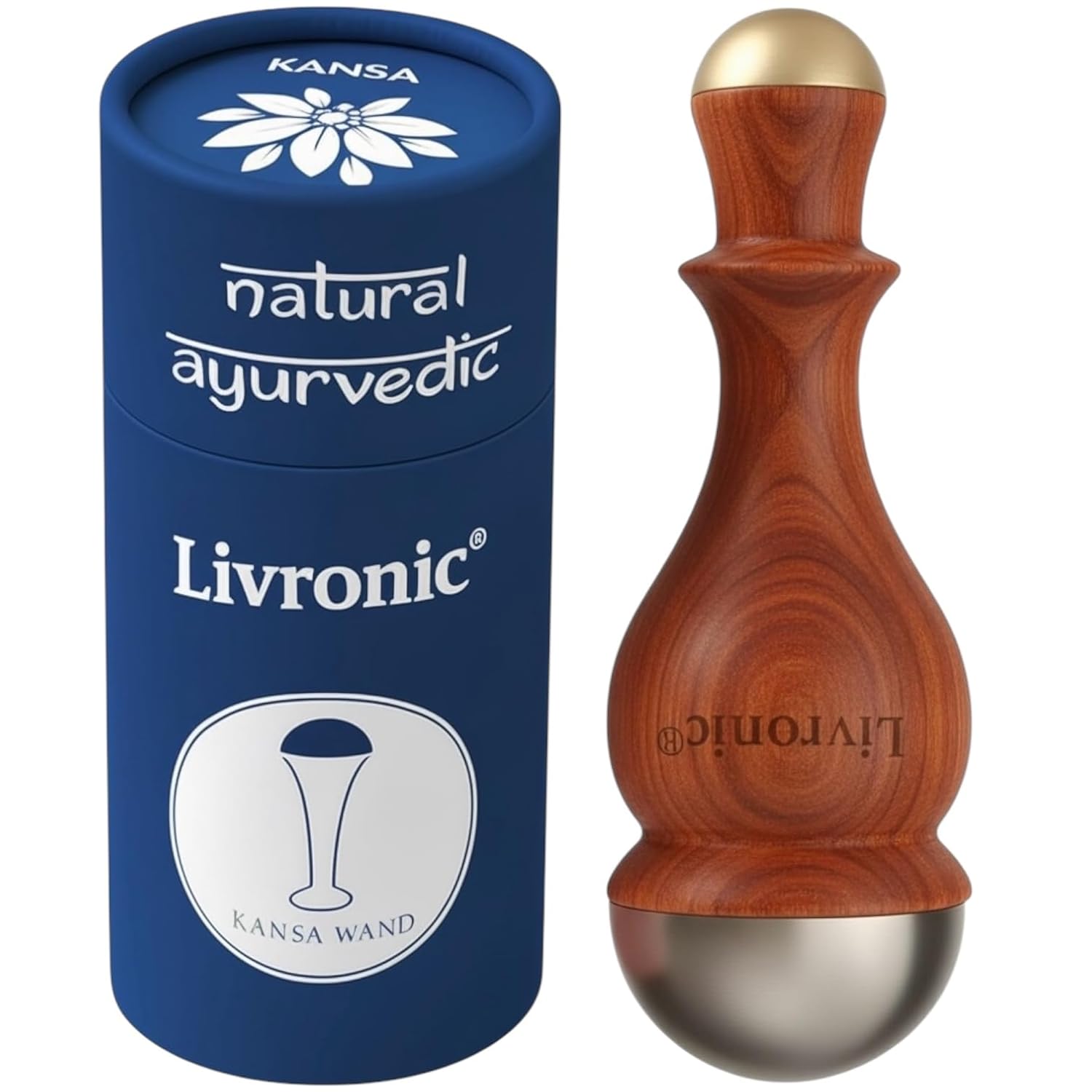 Livronic® Face Acupoints Kansa Wand Massager 2in1 Authentic Bronze Cap,Ayurvedic Tool for Face Glow, Foot & Body with Teak wood handle Marma Massage Therapy Tool for Detox Pain Relief Deep Relaxation & Holistic Body Wellness