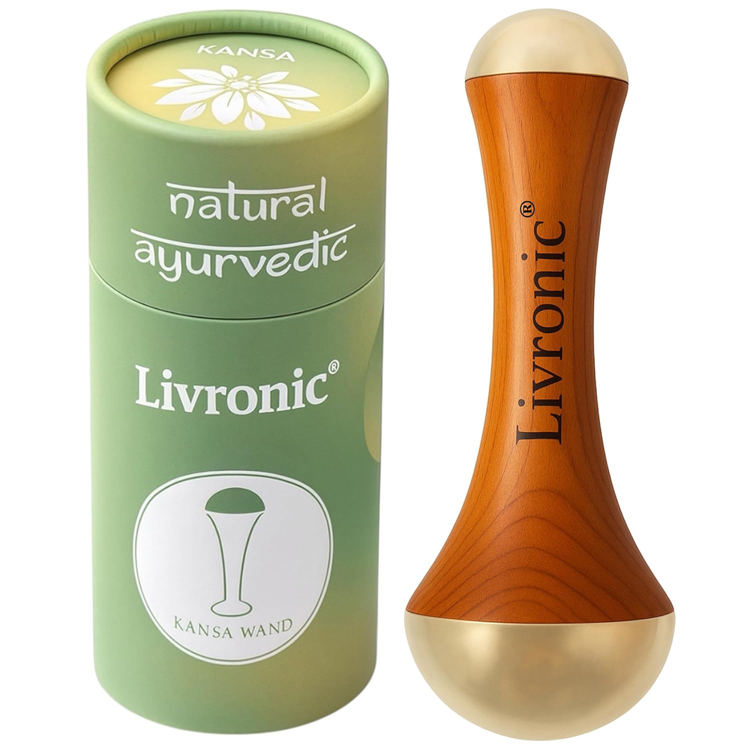 Livronic® Face Acupoint Kansa Wand 2-in-1 Natural | Bronze Face, Body & Foot Massager | Teak Wood Handle | Detoxification, De-Puffing & Deep Relaxation (Both Side Kansa Vatki)